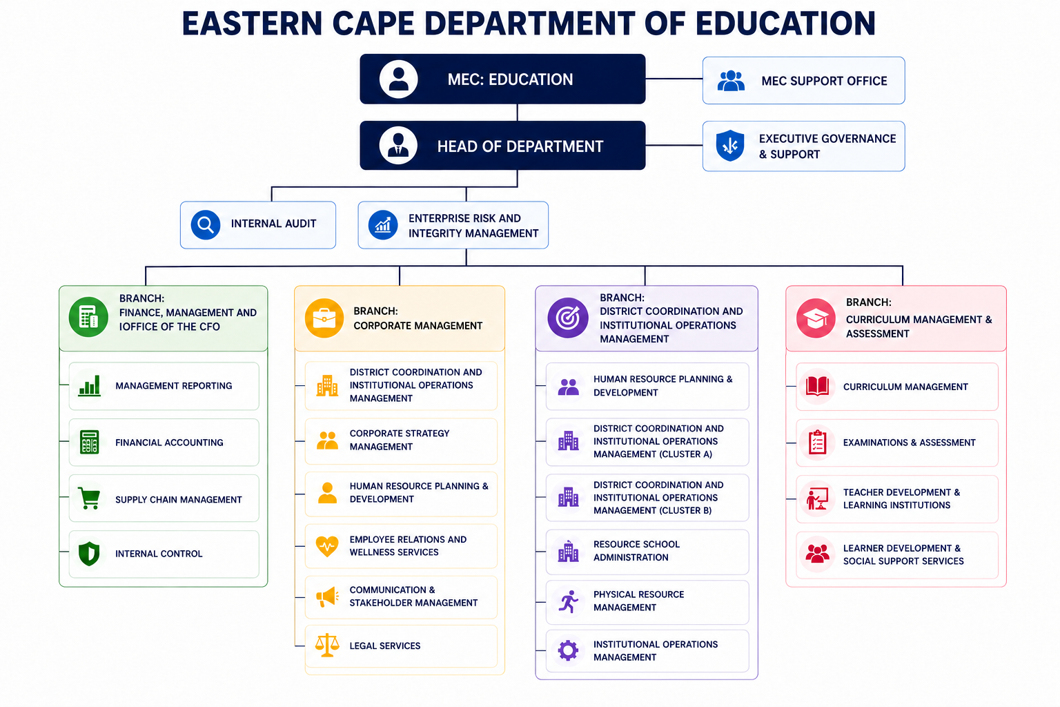 ECDoE organogram showing MEC, Head of Department, four branches (Finance, Corporate Management, District Coordination, Curriculum Management) and their reporting units
